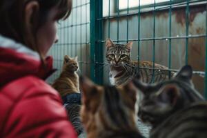 Uplifting Volunteer Playing Hide and Seek with Shelter Cats Using Interactive Toys Laughter and Purrs Filling the Room Background Included photo