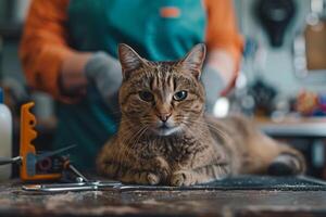 Content cat calmly on grooming table nails trimmed with music playing background Nature photo