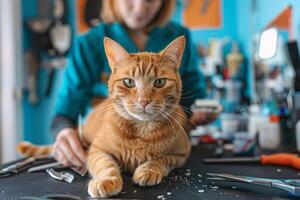 Content cat calmly on grooming table nails trimmed with music playing background Nature photo