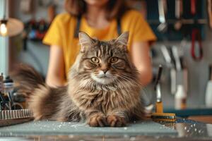 Cat grooming content cat sitting calmly on grooming table while groomer trims its nails with precision surrounded by grooming tools and music playing photo