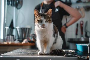 Content cat calmly on grooming table nails trimmed with music playing background Nature photo