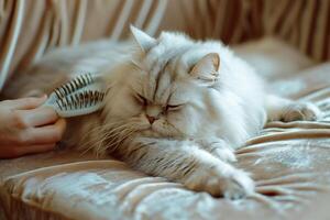 Relaxed Persian cat lying on velvet cushion while its owner uses grooming glove to massage its fur creating soothing and comforting experience photo