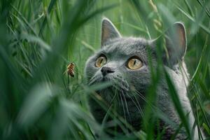 Mischievous British Shorthair cat hiding in tall grass stalking group of buzzing bees with curious intent photo