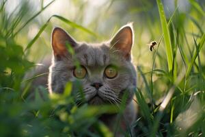Mischievous British Shorthair cat hiding in tall grass stalking group of buzzing bees with curious intent photo