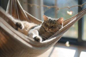 Relaxed Scottish Fold cat lounging in cozy hammock on sunlit balcony lazily watching birds flutter by photo