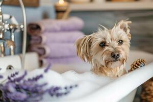 Pampered small dog receiving bubble bath in vintage bathtub filled with lavender scented water surrounded by fluffy towels and bath toys photo