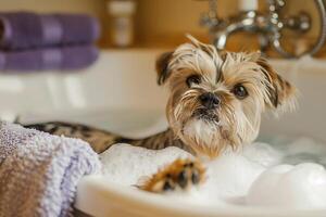 Pampered small dog receiving bubble bath in vintage bathtub filled with lavender scented water surrounded by fluffy towels and bath toys photo