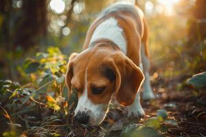 Curious Beagle exploring forest trail sniffing around with dappled sunlight creating patterns on the ground photo