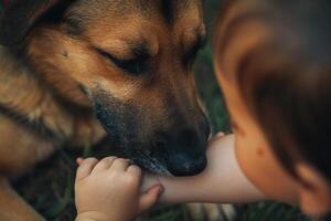 Mixed Breed Dog Nuzzling Childs Hand in Backyard with Trust photo