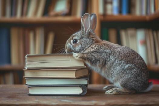 Curious Netherland Dwarf Rabbit Exploring Books in Study photo