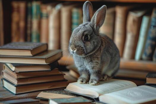 Curious Netherland Dwarf Rabbit with Books in Cozy Study Setting photo