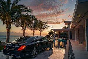 High End Sedan Parked at Luxury Resort with Palm Trees and Infinity Pool photo