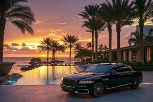 High End Sedan Parked at Luxury Resort with Palm Trees and Infinity Pool photo