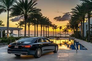 High End Sedan Parked at Luxury Resort with Palm Trees and Infinity Pool photo