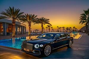 High End Sedan Parked at Luxury Resort with Palm Trees and Infinity Pool photo