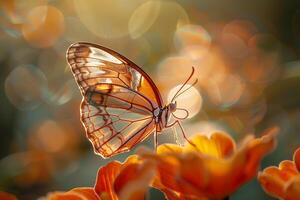 Sunlight Illuminating Intricate Veins of Translucent Butterfly Wing Resting on Flower photo