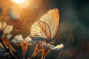 Sunlight Illuminating Intricate Veins of Translucent Butterfly Wing Resting on Flower photo