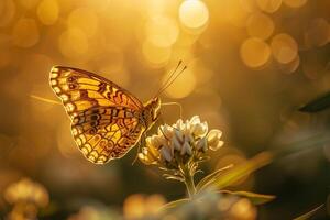 Sunlight Illuminating Intricate Patterns nature background on Butterfly Wings Resting on Flower photo