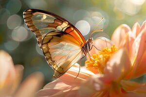 Sunlight Illuminating Intricate Veins of Translucent Butterfly Wing Resting on Flower photo