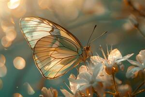 Sunlight Illuminating Intricate Veins of Translucent Butterfly Wing Resting on Flower photo