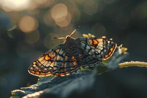 Nature Delicate Sunlight Creating Intricate Patterns on the Translucent Wings of Moth Resting on Leaf nature background photo