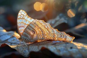Nature Delicate Sunlight Creating Intricate Patterns on the Translucent Wings of Moth Resting on Leaf nature background photo