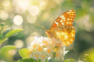Nature Delicate Sunlight Illuminating Intricate Patterns on the Wings of Butterfly Resting on Flower nature background photo