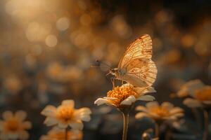 Nature Delicate Sunlight Illuminating Intricate Patterns on the Wings of Butterfly Resting on Flower nature background photo