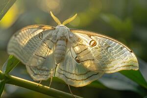 Nature Delicate Sunlight Creating Intricate Patterns on the Translucent Wings of Moth Resting on Leaf nature background photo