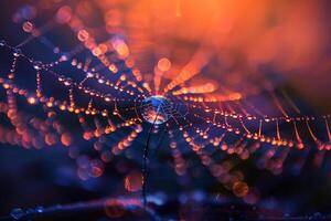 Nature Delicate Early Morning Sunlight Illuminating Tiny Water Droplets on Spiders Web Creating Prism Effect nature background photo