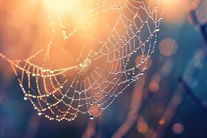 Nature Delicate Early Morning Sunlight Illuminating Tiny Water Droplets on Spiders Web Creating Prism Effect nature background photo