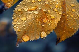 Nature Dewdrops on Intricate Patterns of Yellow Birch Leaves in Autumn nature background photo