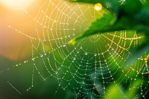 Nature Delicate Early Morning Sunlight Illuminating Tiny Water Droplets on Spiders Web Creating Prism Effect nature background photo