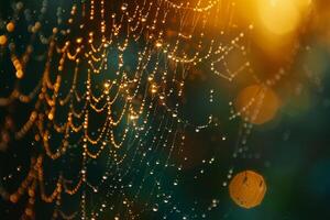 Nature Delicate Early Morning Sunlight Illuminating Tiny Water Droplets on Spiders Web Creating Prism Effect nature background photo