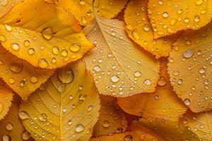 Nature Dewdrops on Intricate Patterns of Yellow Birch Leaves in Autumn nature background photo