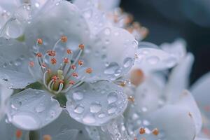 Nature Raindrops on Delicate White Pear Blossoms nature background photo