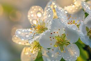 Nature Raindrops on Delicate White Pear Blossoms nature background photo