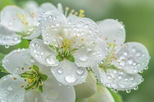 Nature Raindrops on Delicate White Pear Blossoms nature background photo