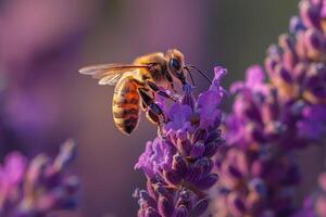 Nature Intimate Nature of Intricate Patterns on Bee Gathering Pollen from Cluster of Lavender Wildflowers nature background photo