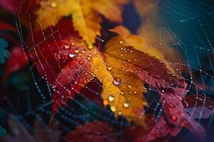 Nature Raindrops on Spider Web Among Colorful Autumn Leaves nature background photo