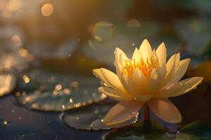 Delicate Sunlight Filtering Through Translucent Petals of Blooming Water Lily in Pond nature background photo