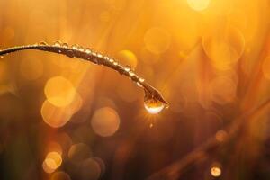 Single Raindrop on Blade of Grass Glowing in Morning Sunlight nature background photo