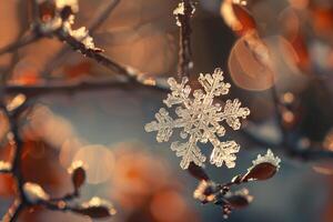 Intricate Snowflake on Tree Branch Revealing Crystalline Patterns nature background photo