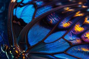 Enchanting Nature of Patterns on the Wing of Morpho Butterfly Shimmering with Iridescent Blue Hues nature background photo