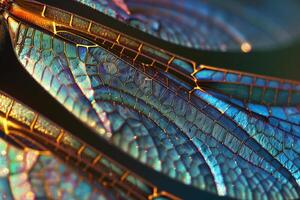 Nature Dragonfly Wing with Translucent Veins and Iridescent Patterns in Morning Light photo