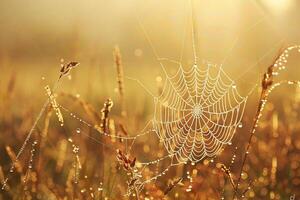 Nature Sunlight on Delicate Spiderwebs with Dew in a Misty Meadow  nature background photo