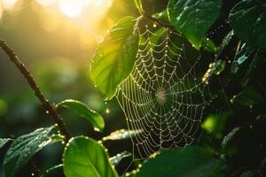 Nature Spider Web Covered in Dew with Sunlight Filtering Through Leaves  nature background photo