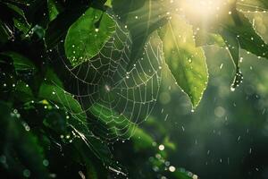 Nature DewCovered Spider Web with Sunlight Filtering Through Leaves  nature background photo