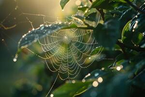 Nature Spider Web Covered in Dew with Sunlight Dappling Through Leaves  nature background photo