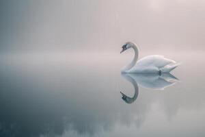 Lone swan gracefully mirrored in the still waters of mistcovered pond at dawn with nature background photo
